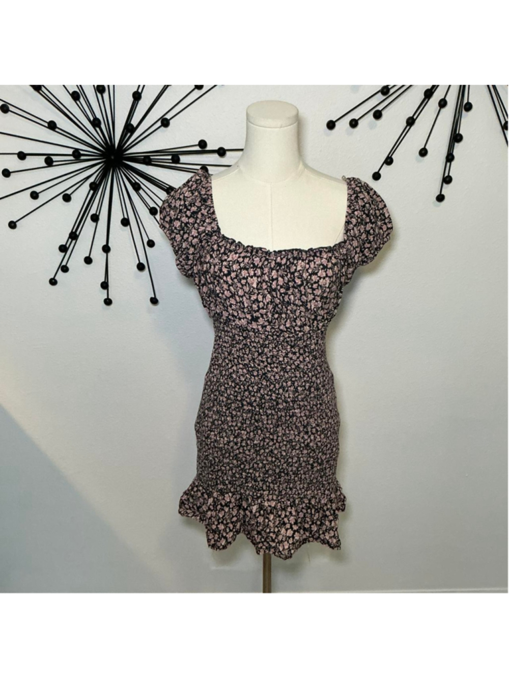 Wild Fable Floral Mini Dress Puff Sleeve Cottagecore Pink Black Size L